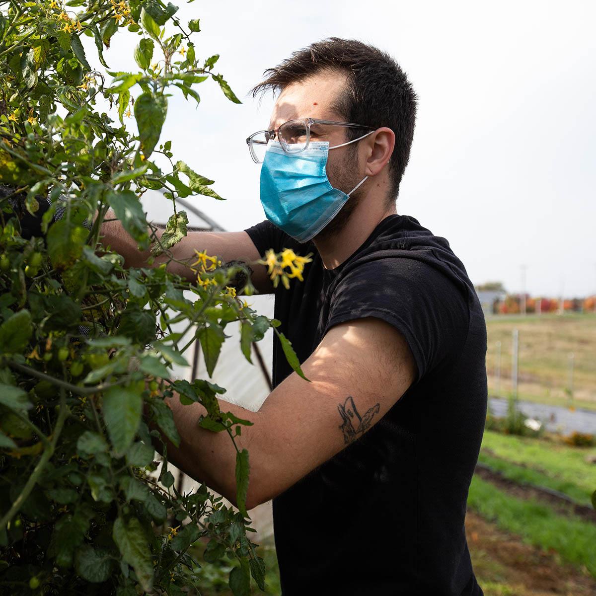 图为一名男学生戴着眼镜和面具在生态农业园内工作